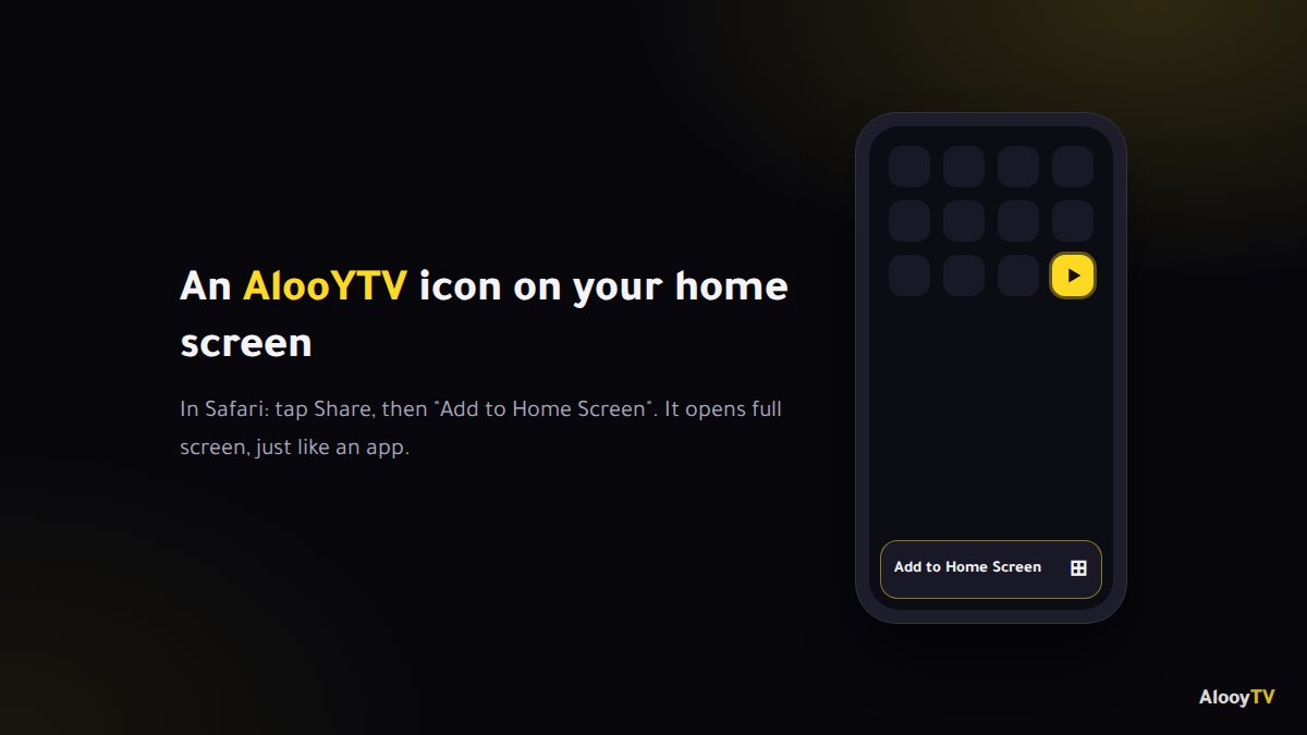 An AlooYTV icon on your iPhone home screen, added from Safari's Share menu