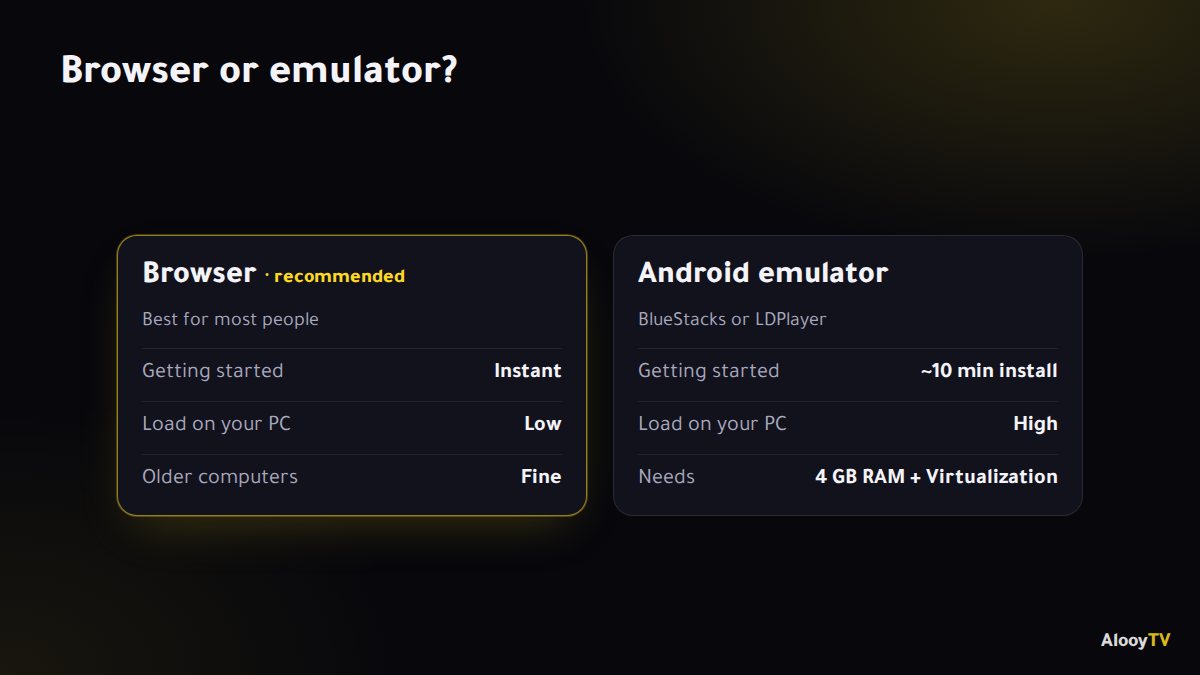Browser or Android emulator: how the two ways of watching on a PC compare
